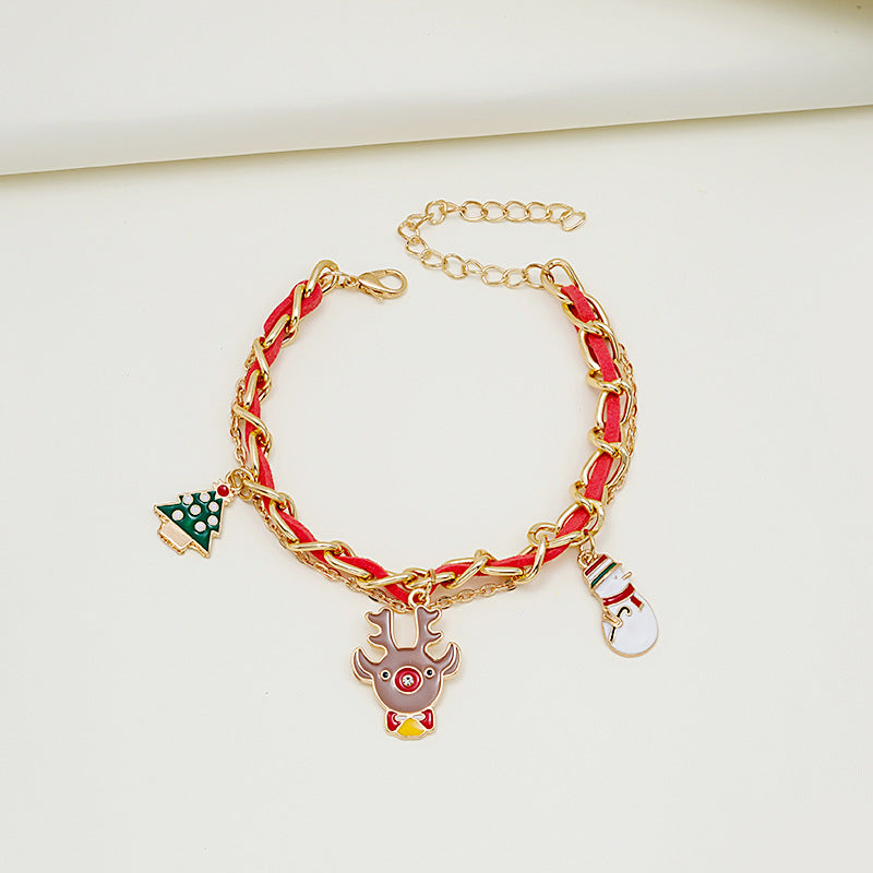 Wholesale Christmas Oil Drop Christmas Tree Snowman Cane Pendant Multi-layer Chain Bracelet